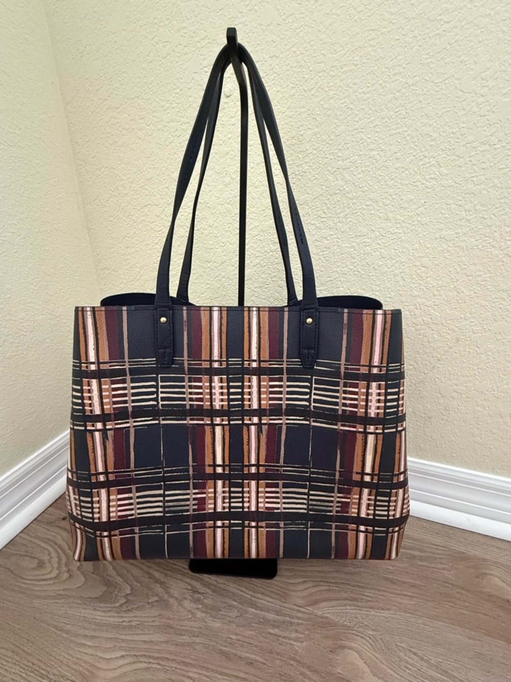 Tory Burch Navy Plaid Tote with Multicolor Stripes - Picture 4 of 5